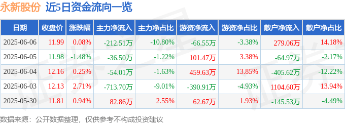 股票行情快報(bào)：永新股份（002014）6月6日主力資金凈賣出212.51萬元